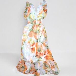 Express Vibrant Floral Backless Dress - Orange and Cream